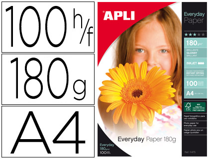 100h papel impresora Apli Glossy A4 180g/m² para inkjet
